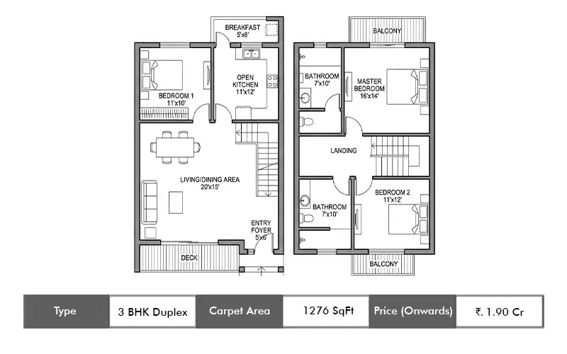 Kohinoor Boulevard Towers 3 BHK Duplex floor plan, 1276 sq ft carpet area