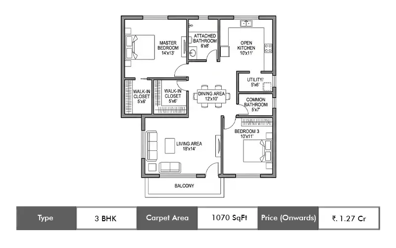 Kohinoor Boulevard Towers 3 BHK floor plan, 1070 sq ft carpet area