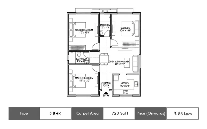 Kohinoor Boulevard Towers 2 BHK floor plan, 723 sq ft carpet area