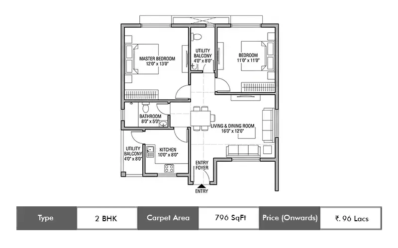 Kohinoor Boulevard Towers 2 BHK floor plan, 796 sq ft carpet area